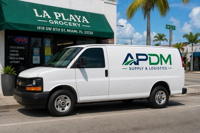 APDM delivery van parked outside La Playa Grocery on SW 8th St, Miami